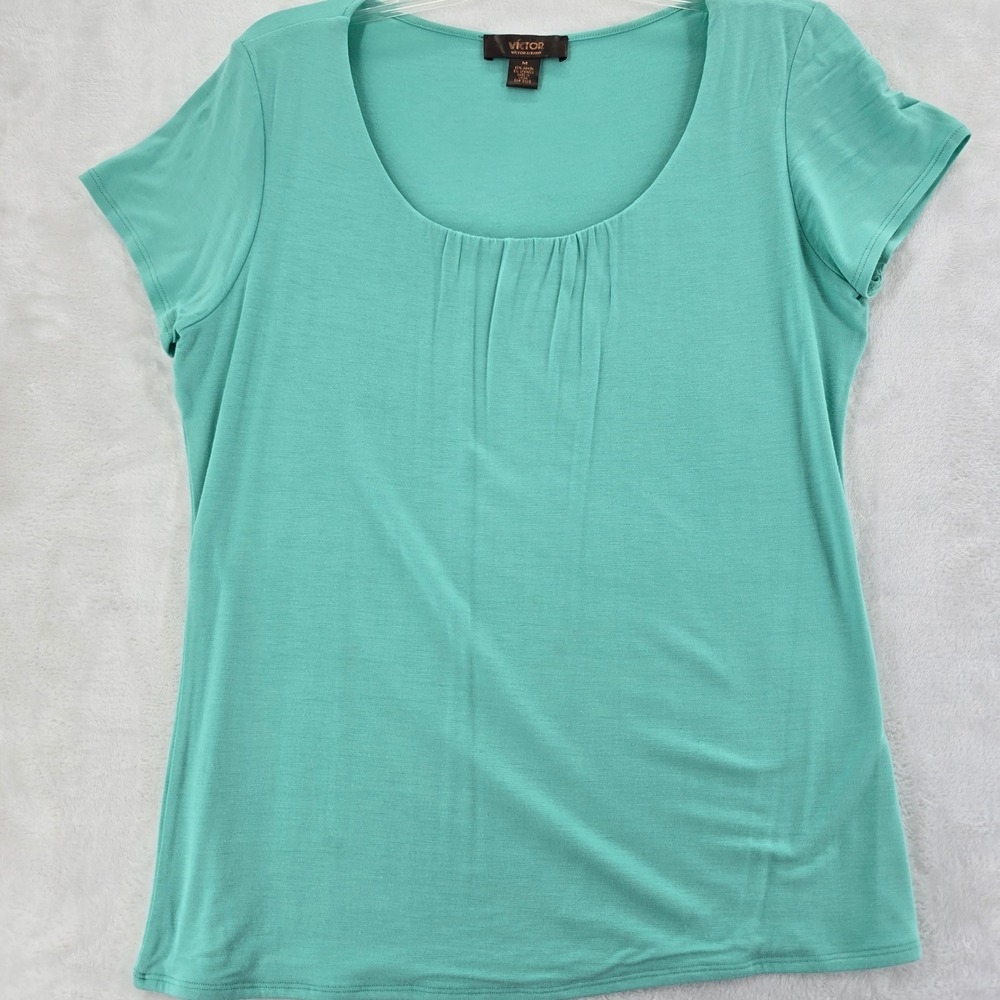 Victor Alfaro Top Womens M Short Sleeve Teal Green Pleated Scoop Neck